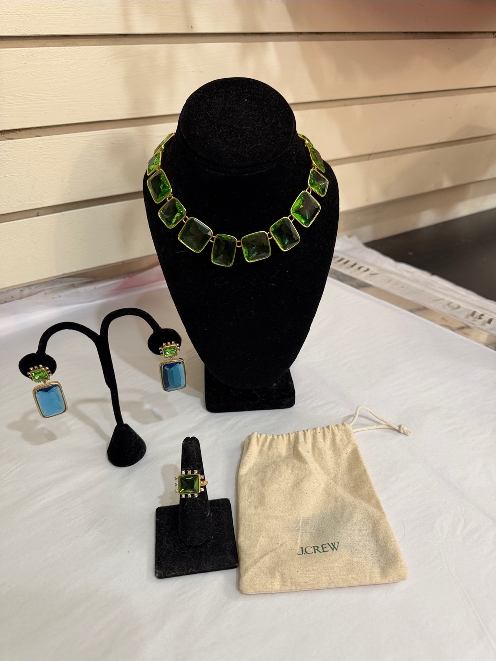 J. Crew Green Glass Square-Link Statement Necklace, earrings and ring (size 6).